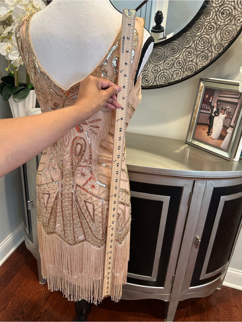 Vintage-Inspired Beaded Fringe Mini Dress in Blush Pink - Picture 12 of 14